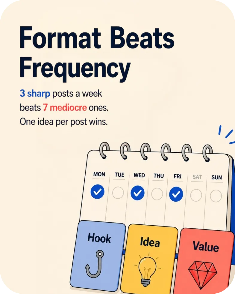 Carousel slide: Format beats frequency — 3 sharp posts beat 7 mediocre ones