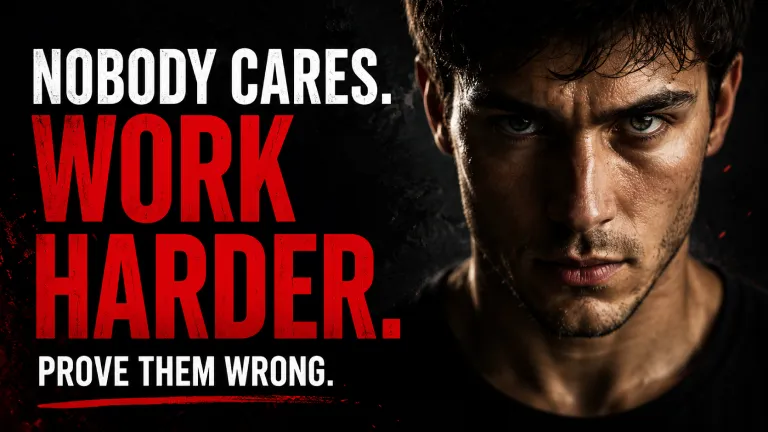 YouTube thumbnail: Nobody cares, work harder, prove them wrong — intense close-up portrait of a young man