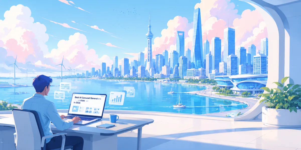 AI carousel generator workspace overlooking a futuristic city skyline