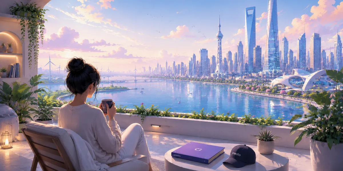 Creator writing a LinkedIn carousel overlooking a futuristic coastal city