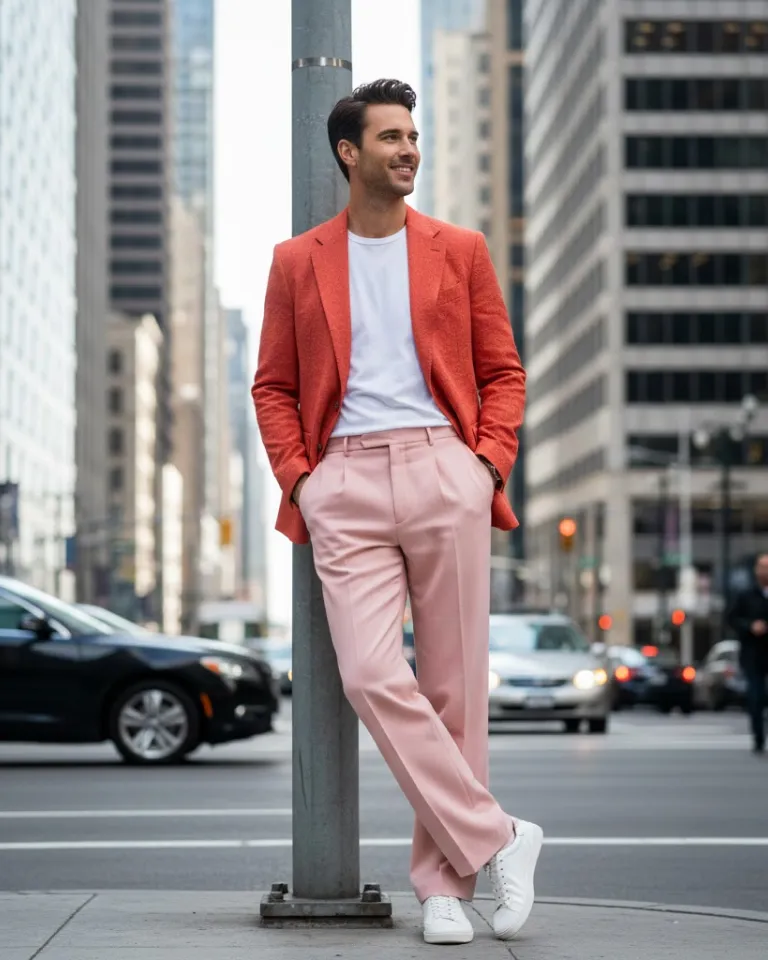 AI headshot: confident man in coral blazer and pink trousers leaning against a lamppost on a downtown street