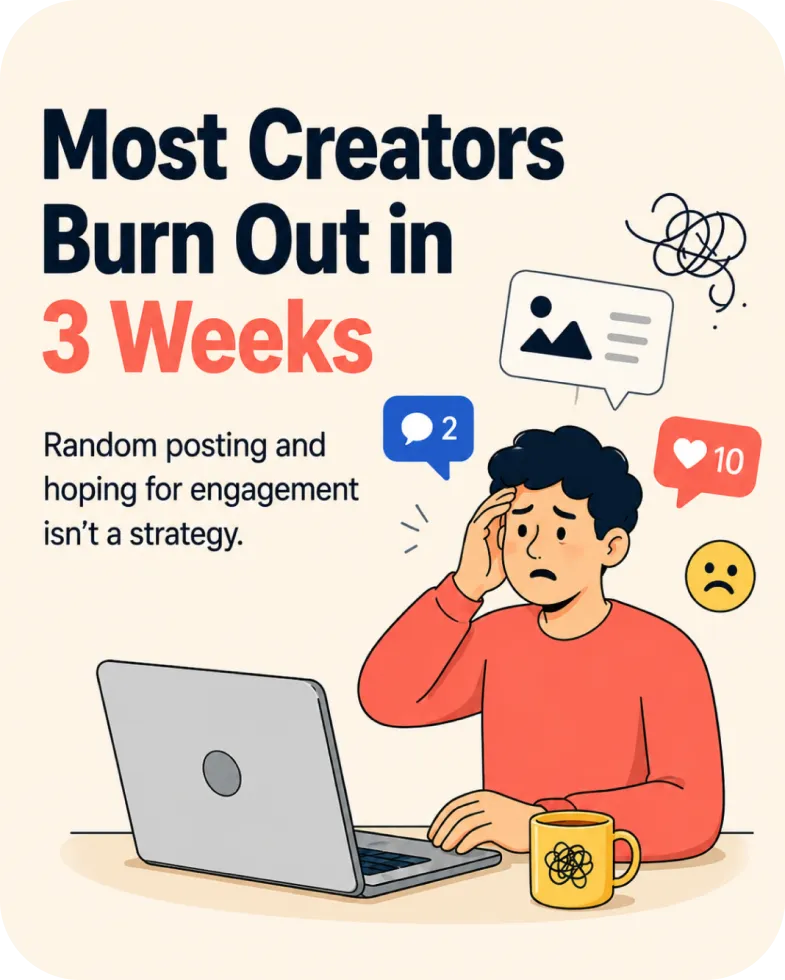 Carousel slide: Most creators burn out in 3 weeks from random posting
