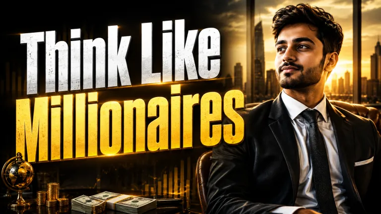 YouTube thumbnail: Think like millionaires — young entrepreneur in a suit with a golden city skyline