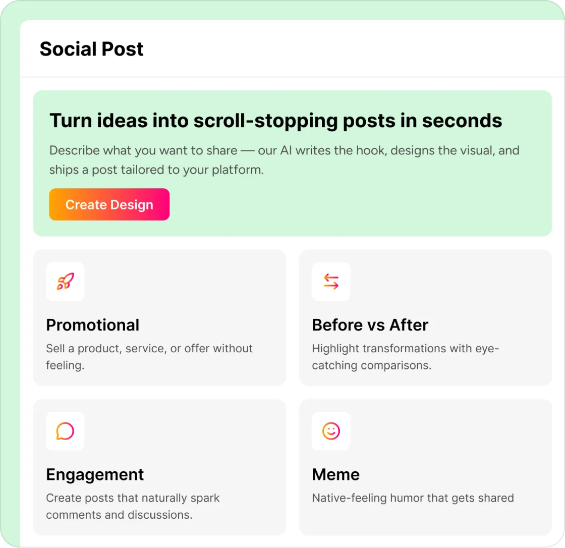 AI Social Media Design — Promotional, Before vs After, Engagement, Meme