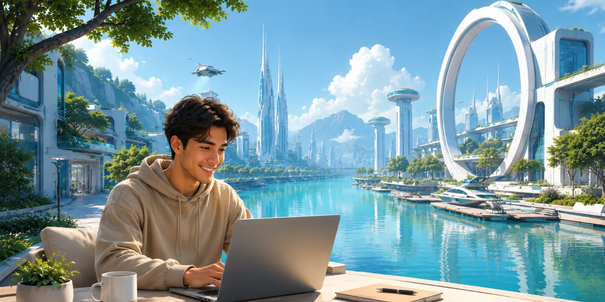 Creator working on a laptop overlooking a futuristic coastal city, AI content workflow concept
