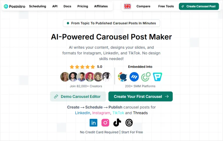 Postnitro AI-powered carousel post maker homepage for LinkedIn, Instagram and TikTok