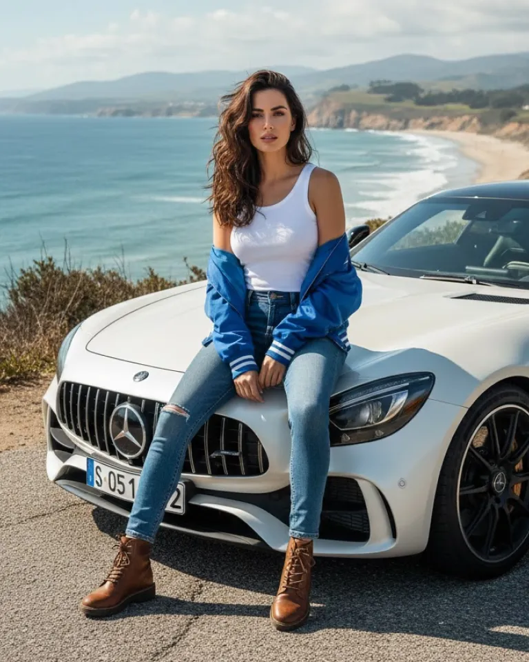 AI Instashot: woman in white tank and blue varsity jacket sitting on a white sports car overlooking the coast