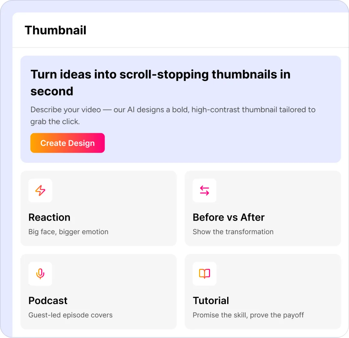 AI Thumbnail Design — Reaction, Before vs After, Podcast, Tutorial