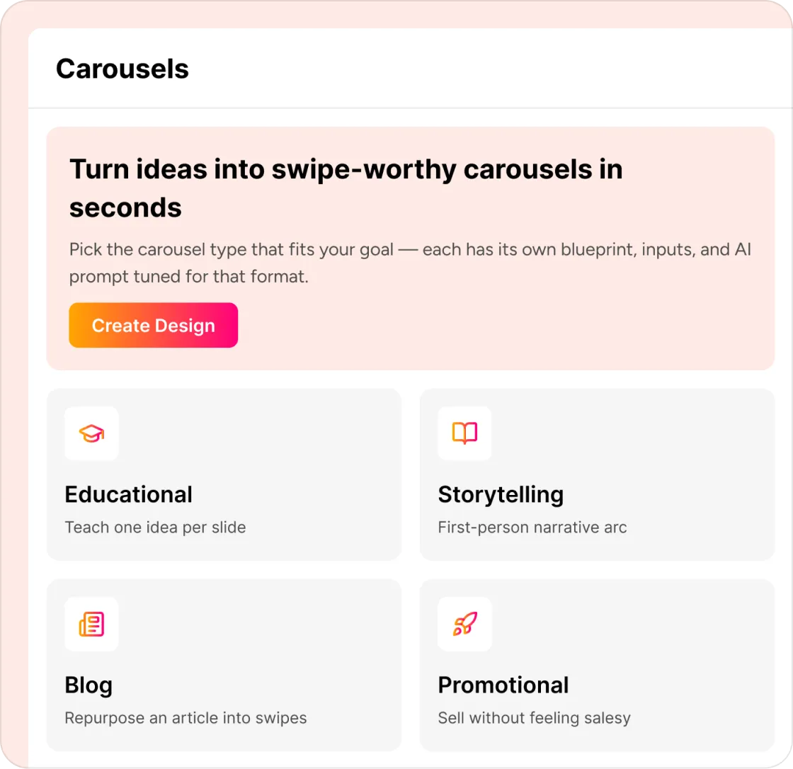 AI Carousel Design — Educational, Storytelling, Blog, Promotional formats