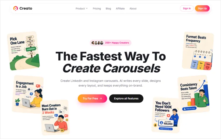 Creato AI carousel generator homepage showing AI-generated LinkedIn and Instagram carousel slides