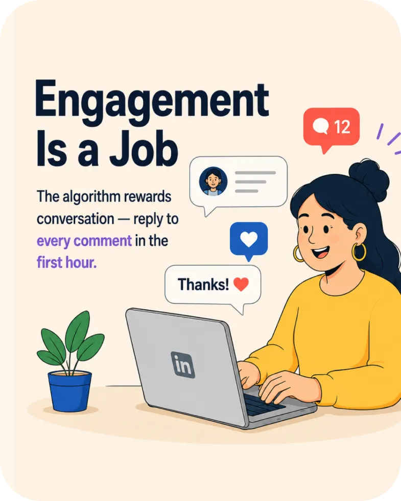 Carousel slide: Engagement is a job — reply to every comment in the first hour