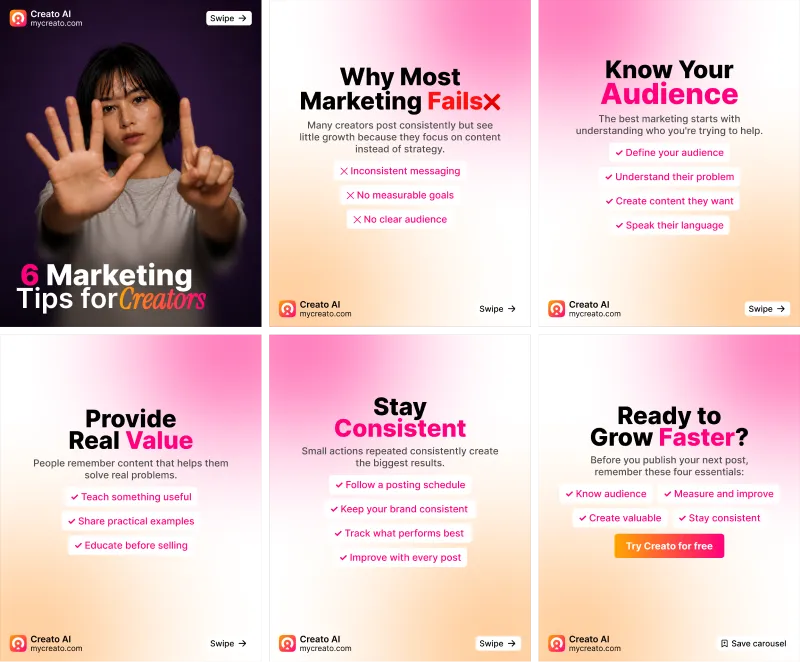 Example of a 6-slide educational carousel titled 6 Marketing Tips for Creators