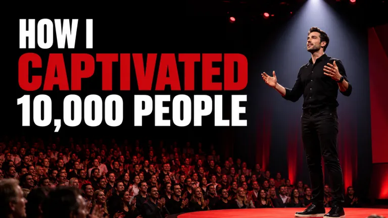YouTube thumbnail: How I captivated 10,000 people — speaker on stage in front of a live audience