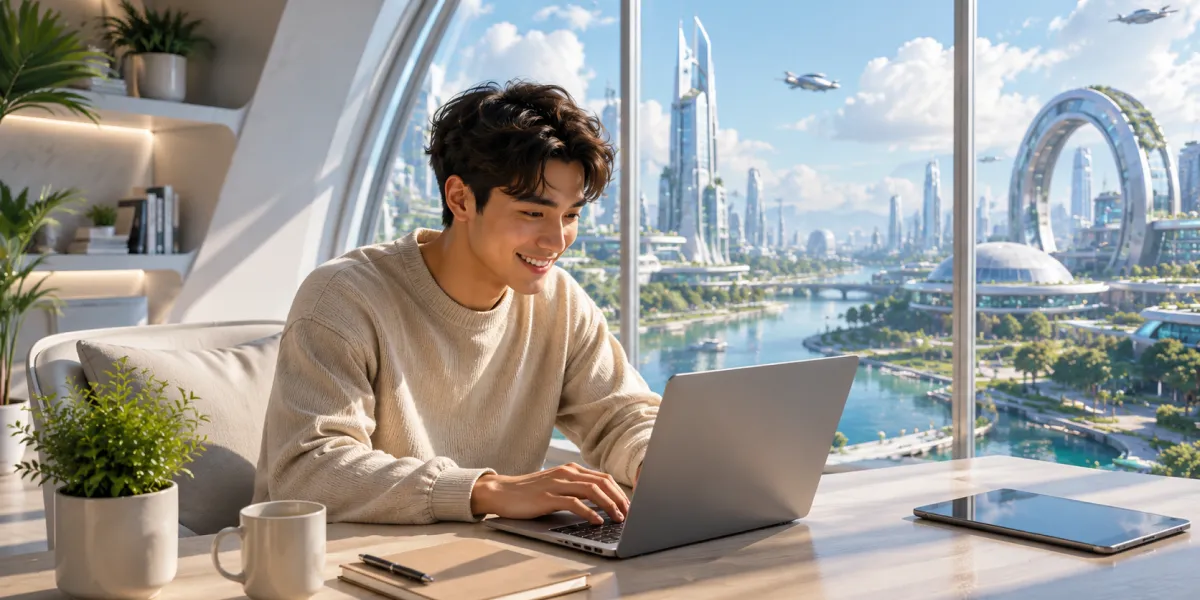 Creator working on a laptop overlooking a bright futuristic coastal city, educational carousel workflow concept