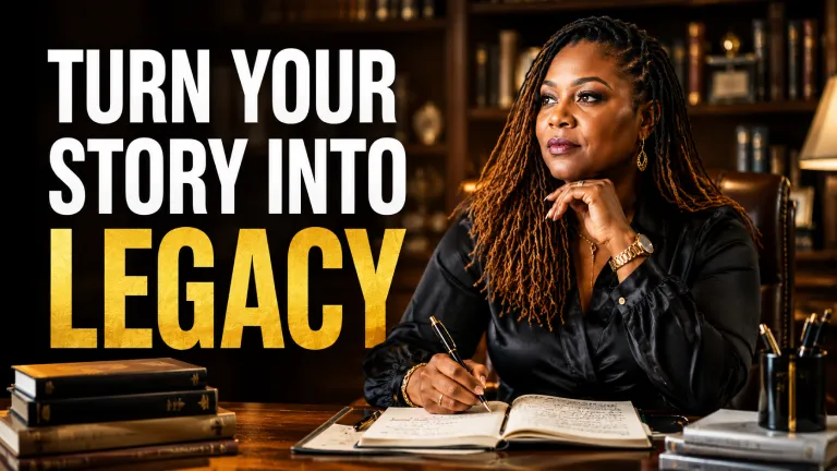YouTube thumbnail: Turn your story into legacy — woman writing in a journal at a wooden desk