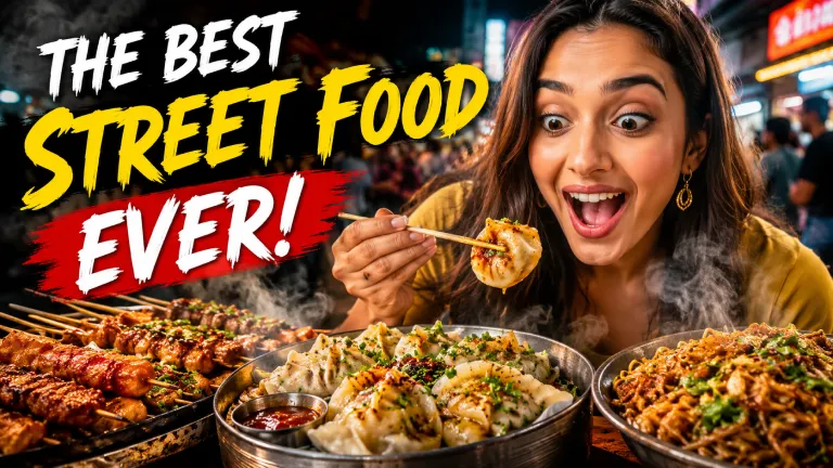 YouTube thumbnail: The best street food ever — excited woman eating dumplings at a night market
