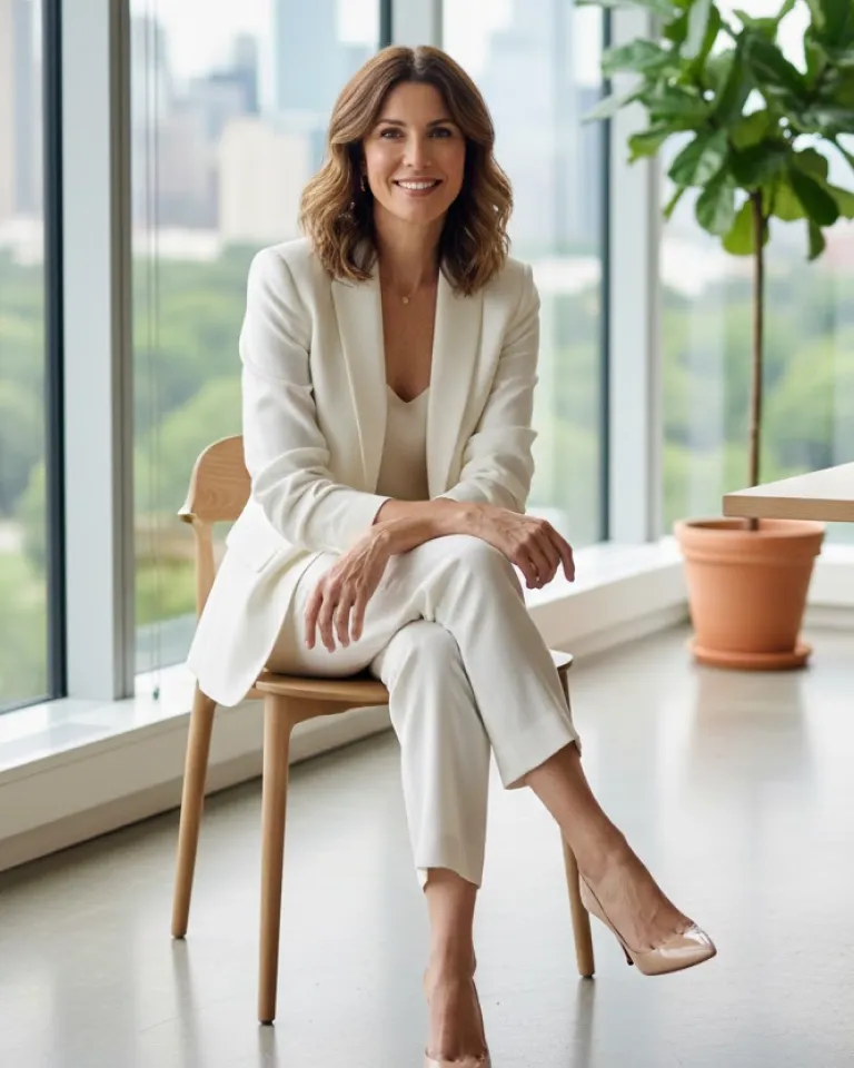 AI headshot: professional woman in a cream suit smiling on a wooden chair in a bright modern office with city view