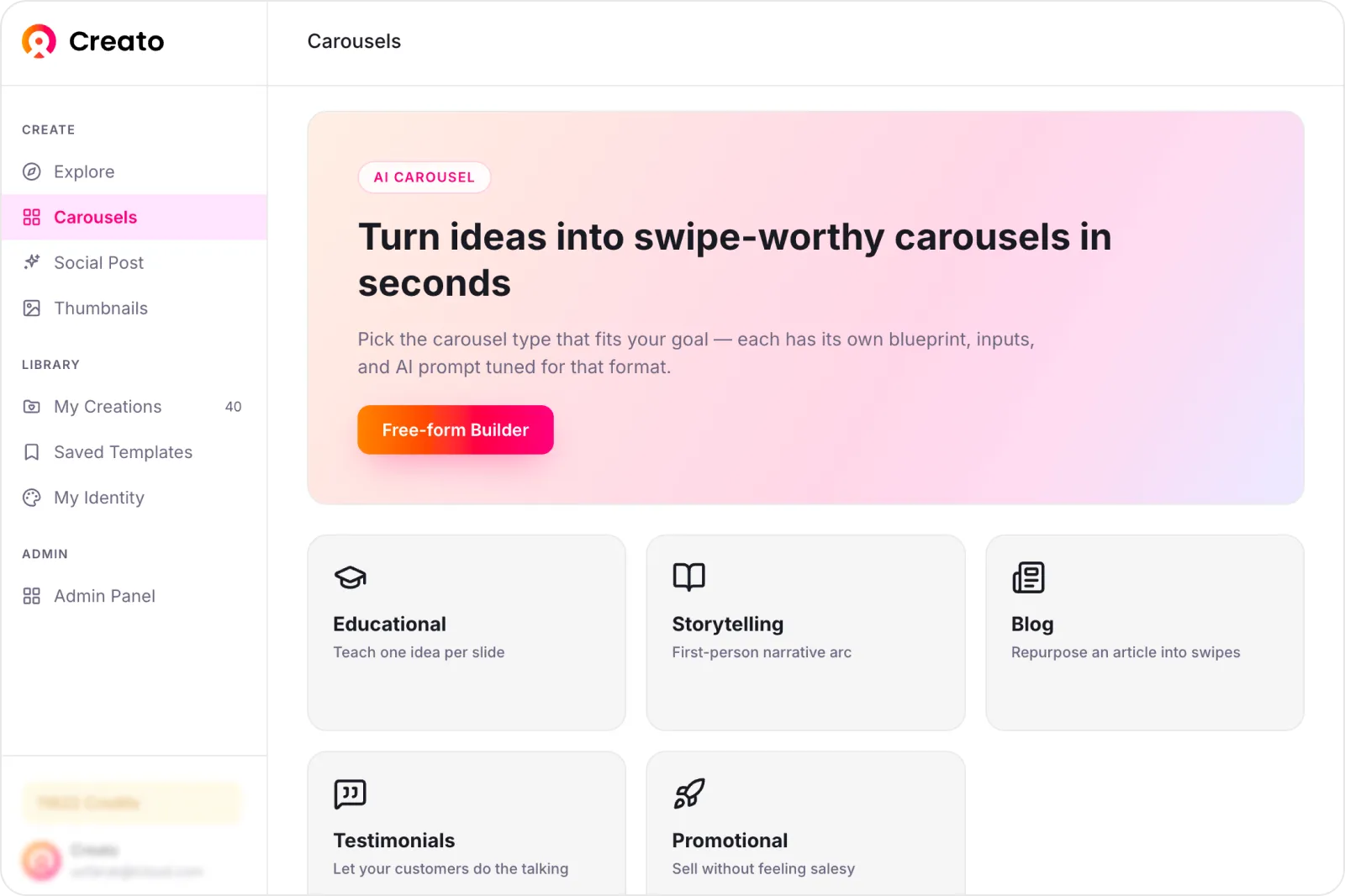 Creato app screen showing carousel templates and formats tuned to a saved brand identity