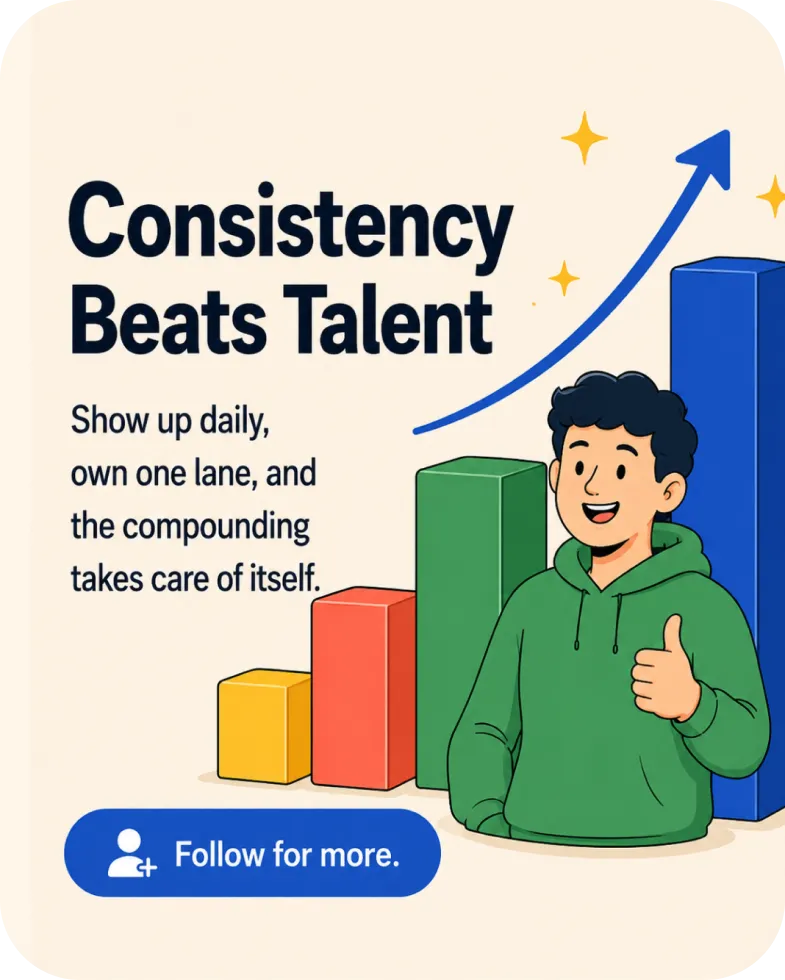 Carousel slide: Consistency beats talent — show up daily and own one lane