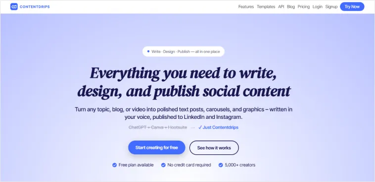 Contentdrips homepage for writing, designing and publishing social content and bulk carousels