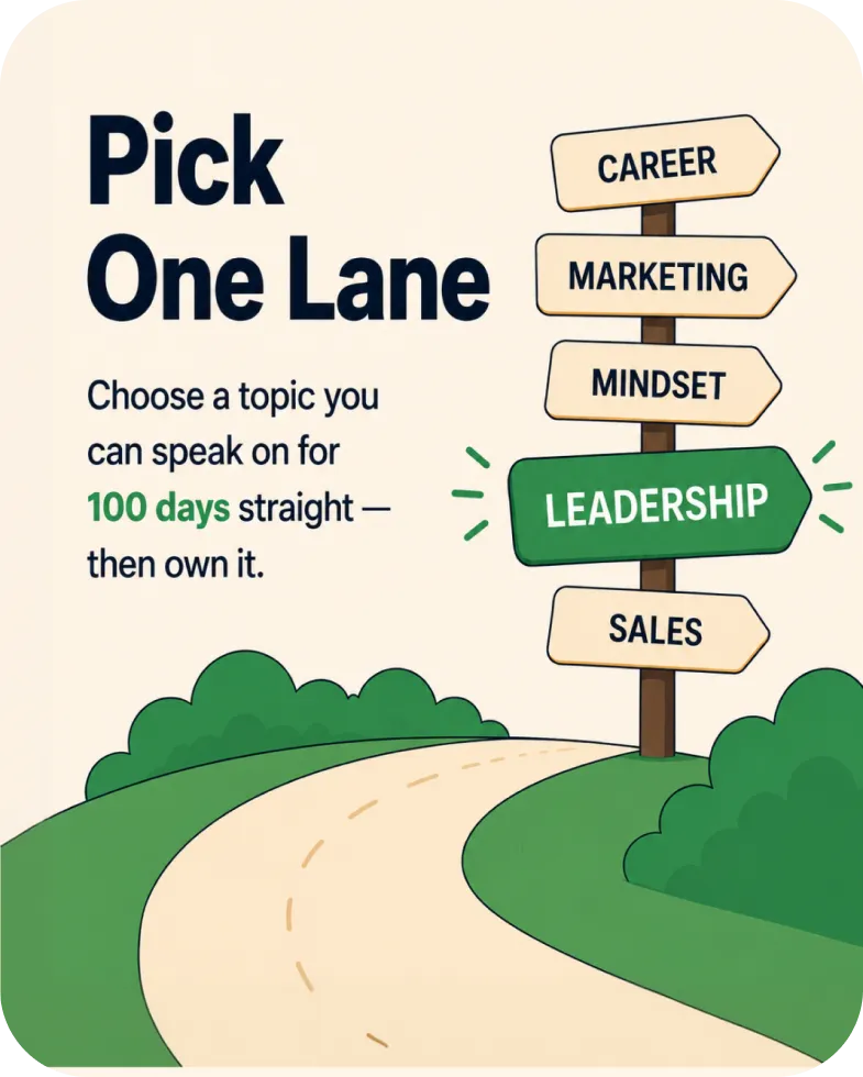 Carousel slide: Pick one lane — choose a topic you can speak on for 100 days straight