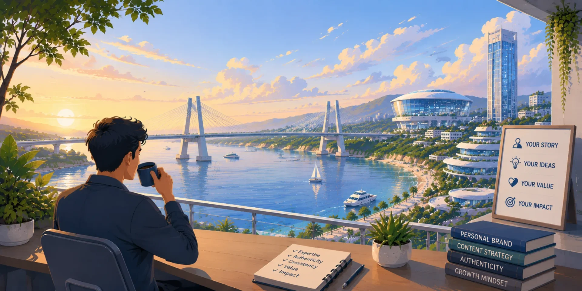 Creator working on a laptop overlooking a futuristic coastal city, personal branding concept