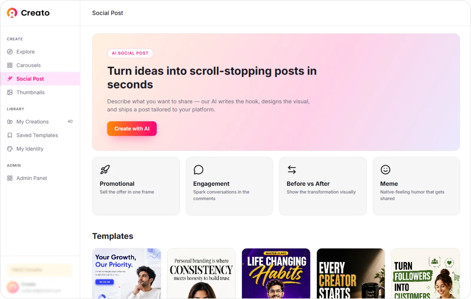 Creato app screen showing social post templates generated from a saved brand identity