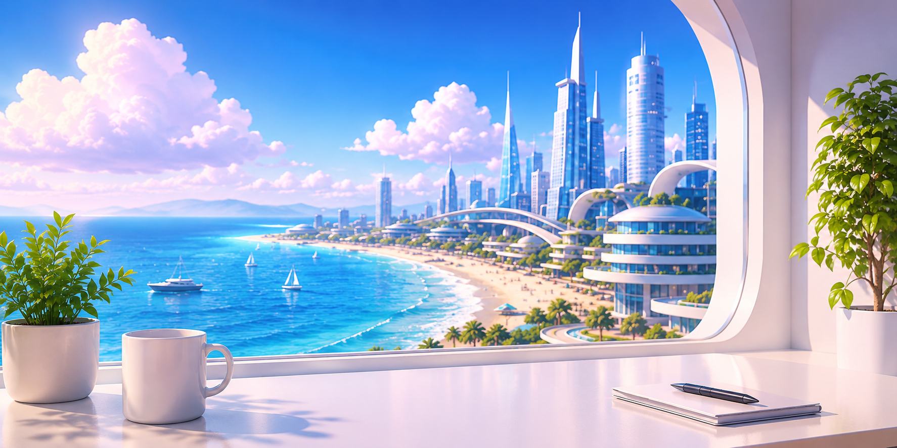 Futuristic workspace overlooking a coastal city, LinkedIn carousel generator concept