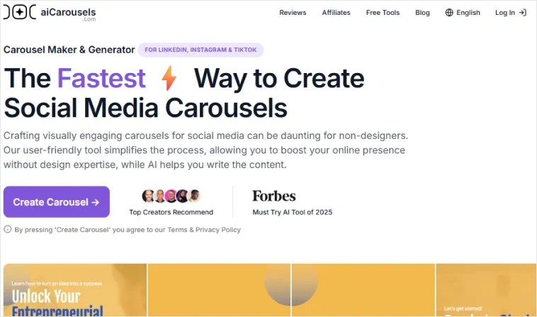 AIcarousels AI carousel maker homepage with LinkedIn, Instagram and TikTok carousel builder